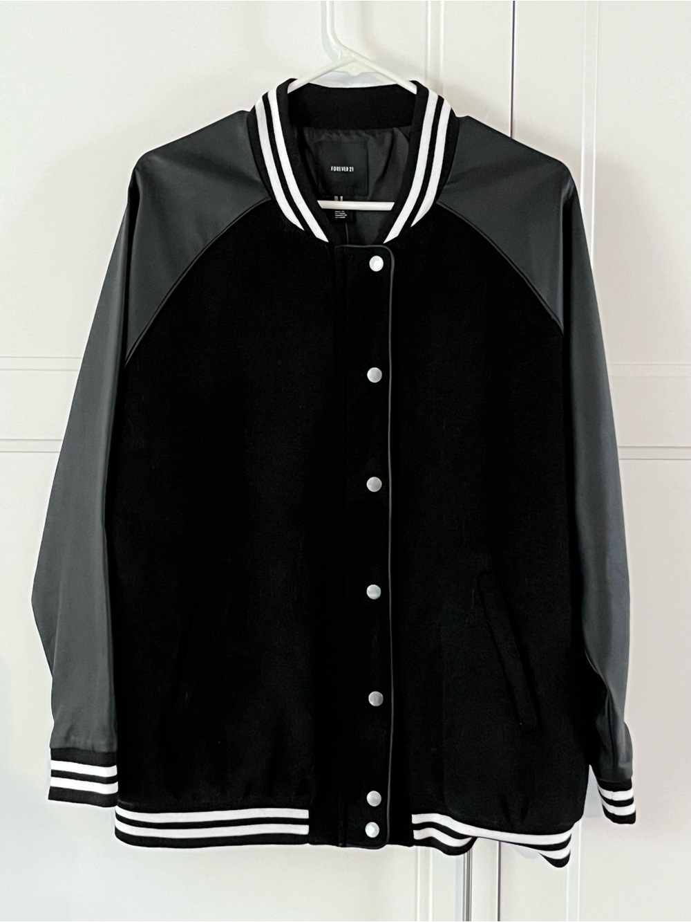 Forever 21 Black Varsity Jacket with White Stripe Collar size M